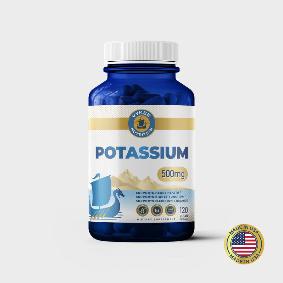Bottle of Vykee Nutrition Potassium Capsules, navy with a gold label band